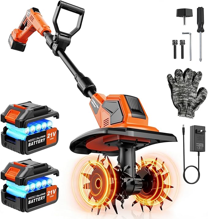 20V Cordlees Tiller Cultivator for Gardening, 400RPM Brushless Electric Garden Tiller Battery Powered((2*3.0Ah Battery&Charger), 9.5"Width 7"Depth, Garden Rototiller for Yard/Lawn/Soil Tiller (Orange)