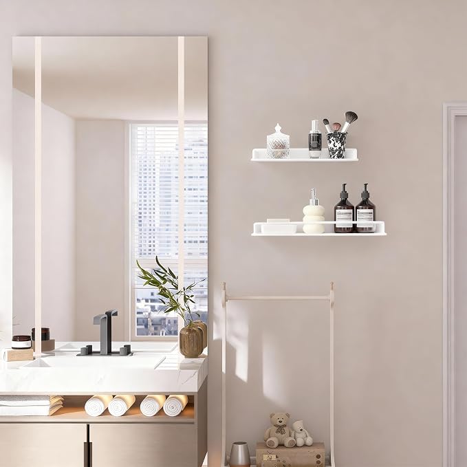 RFOUO 20 Inch Small Metal Wall Shelf with Guard Rail,White,1 Pack | Small Bathroom Shelf, Wall Mounted, Aluminum Floating Shelf, For Toothbrush Perfume Spice,Bathroom Bedroom Kitchen