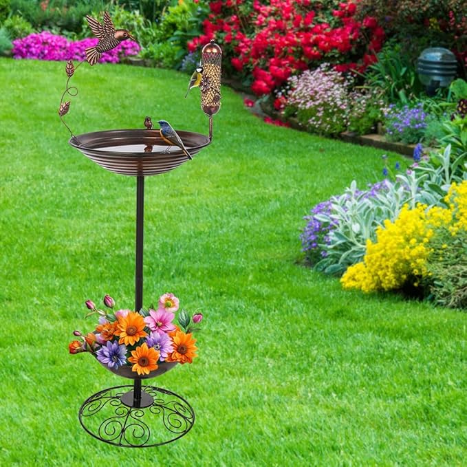 dreamysoul Metal Bird Baths Outside with Planter Base, Outdoor Tall Birdbath and Feeder for Garden Yard Lawn