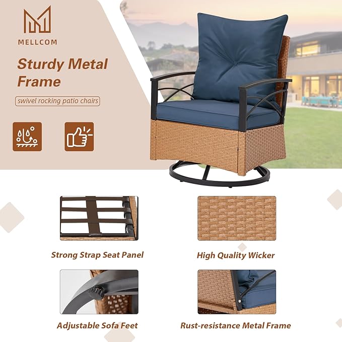 MELLCOM 3 Pieces Patio Furniture Set, Outdoor Swivel Patio Rocker Chairs with Thick Cushions and 2-Tier Coffee Table, Oversize Wicker Bistro Conversation Sets for Garden, Balcony, Backyard, Blue