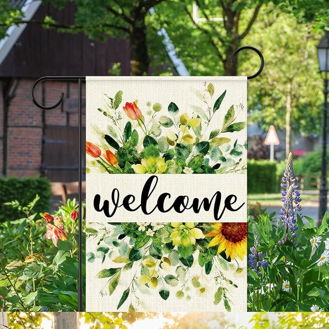 Welcome Flags for Outside,Spring Eucalyptus Garden Flag for Yard Patio Lawn Decoration,12x18 Inch Double Sided