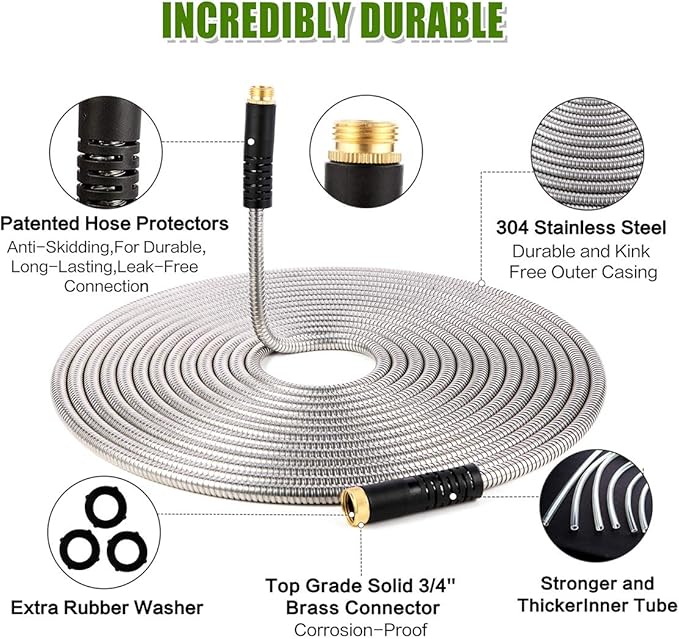 Flexible Metal Garden Hose 50ft-Heavy Duty Water Hose with Durable 304 Stainless Steel and 10 Way Spray Nozzle-Strong 3/4'' Solid Brass Fitting-Outdoor Yard No Kink Lightweight Hose Pipe