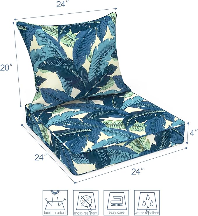 LVTXIII Outdoor Deep Seat Cushion 22"x22"x4" Patio Seat and Back Cushion Set Seasonal Chair Cushion for Dining Arm Chairs, Wicker Chairs and Garden Furniture Decoration, Swaying Palms Blue