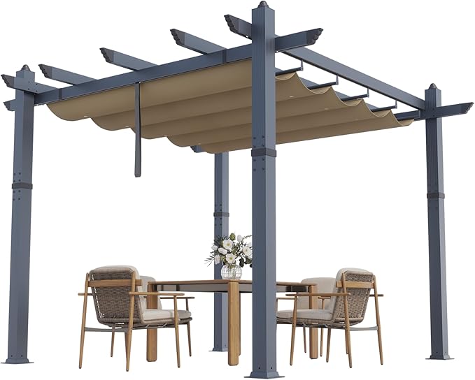 GarveeLife 10x10 ft Aluminum Pergola Outdoor Metal Gazebo with Adjustable Canopy Reinforced Frame Outdoor Shelter for Backyard Garden and Deck - Khaki