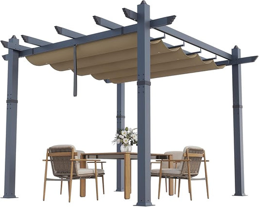 GarveeLife 10x10 ft Aluminum Pergola Outdoor Metal Gazebo with Adjustable Canopy Reinforced Frame Outdoor Shelter for Backyard Garden and Deck - Khaki