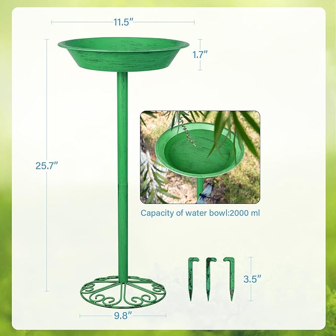 WANGIRO Stand Bird Baths for Outdoors 12 Inch Outdoor Garden Bird Feeder Metal Birdbath with Magnetic Dragonfly for Backyard Birding Freestanding for Garden Yard and Lawn Decoration-Green