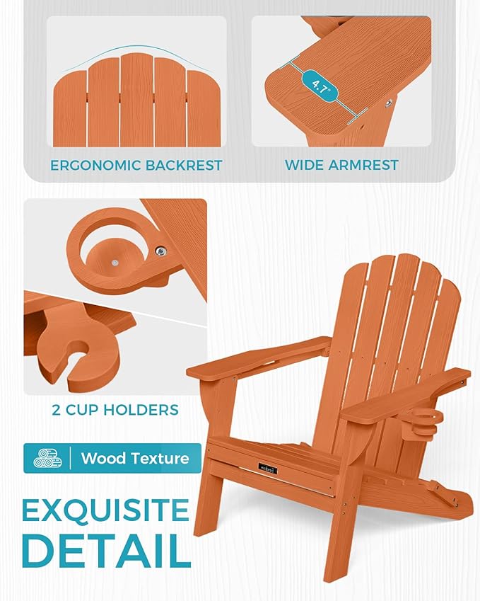Adirondack Chair, HDPE Material Fire Pit Chairs, Plastic Adirondack Chairs with 2 Cup Holder, Outdoor Lawn Chair for Patio Garden, Orange