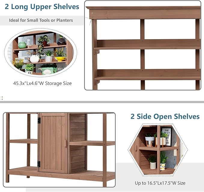 66" Large Outdoor Farmhouse Wooden Potting Bench Table, Garden Workstation with 2 Drawers, Cabinet and Open Shelves for Backyard, Mudroom (Brown-11)
