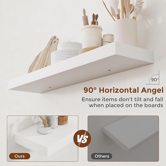 Heimlove 36 Inch Floating Shelves for Wall 8 Inch Deep White Shelves Set of 2,Wall Mounted Rustic Wood Long Floating Shelf with Invisible Brackets for Bedroom Kitchen Living Room