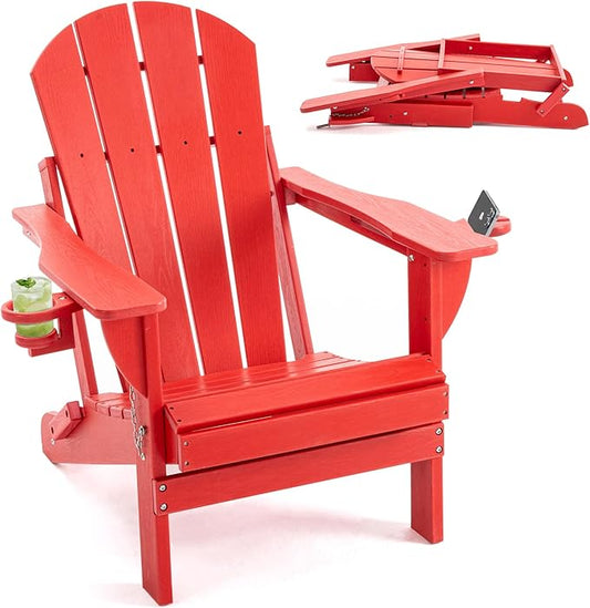 Folding Adirondack Chair, HDPE Outdoor Texture Lawn Chair with Reclining Back, Cup and Phone Holder - Comfortable Firepit Chair Weather Resistant for Patio or Backyard (Red, Set of 1)