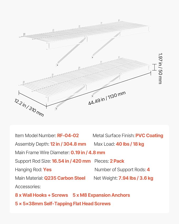 VEVOR Wire Shelf Kit, 4 ft, Set of 2, Wall Mounted Wire Shelves, Heavy-Duty Carbon Steel Hanging Shelf, Floating Wall Storage Shelves with Dip Coating, for Closet, Bedroom, Living Room, Office, Pantry