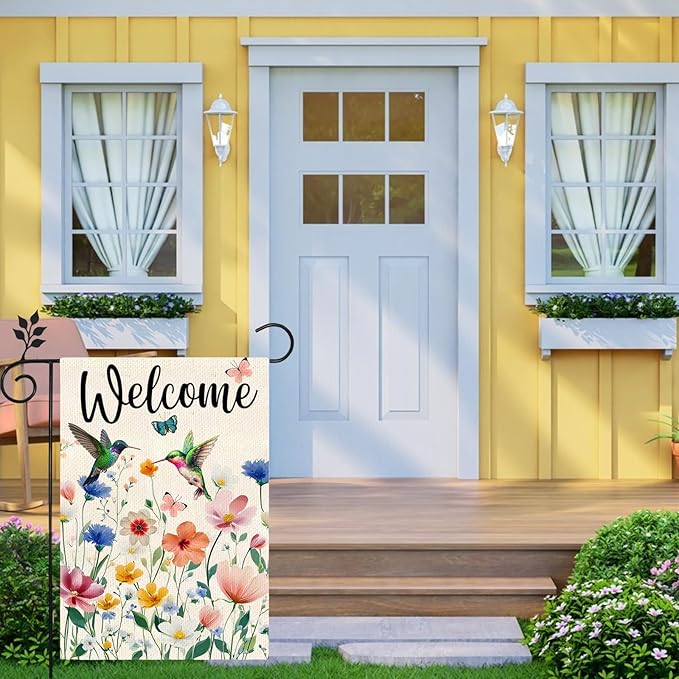 Spring Hummingbird Flowers welcome Garden Flag 12 x 18 Inch vertical Double Sided, outdoor Flag in spring and summer Suitable for Holiday yard decoration
