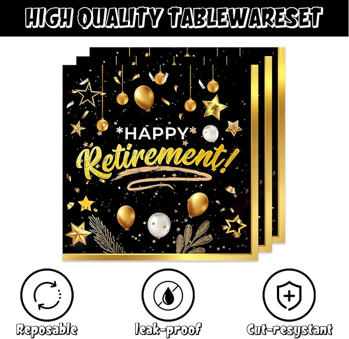 48Pcs Black and Gold Retirement Party Supplies Happy Retirement Party Plates Napkins and Forks Decorations Set for 16 Guests