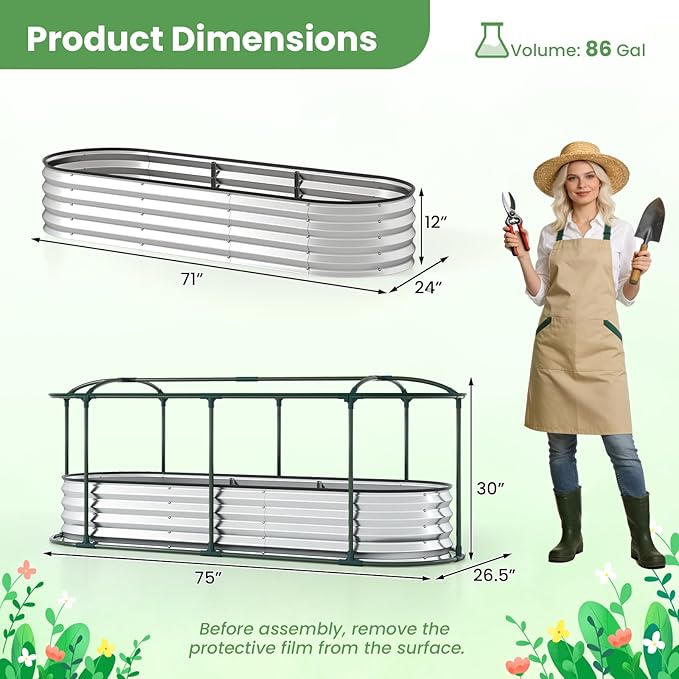 Giantex Raised Garden Bed w/Greenhouse Cover, Outdoor Oval Metal Steel Planter Box w/Roll-up Window, Clear PVC Mini Greenhouse for Vegetables Flowers Herbs Outdoor Patio Gardening, 6x2x1 FT (Silver)