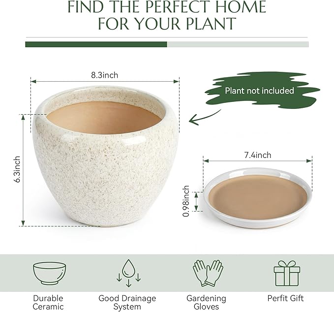 8.3 Inch Ceramic Planter with Saucer Leak-Proof Mesh &Drainage, Round Plant Pot with Gardening Gloves for Indoor Outdoor Plants