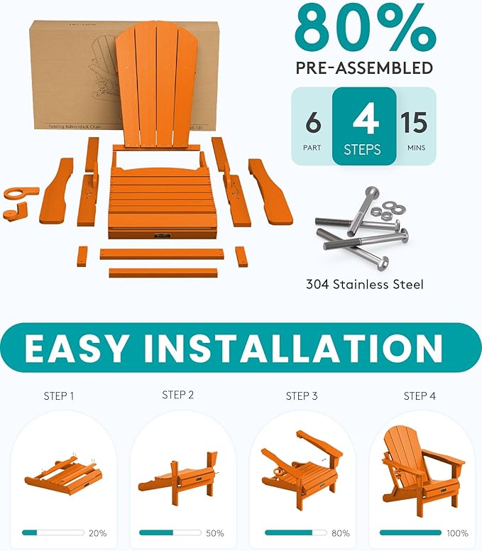 SERWALL Foldable Adirondack Chair with Cup Holder Set of 2 for Patio Garden Outdoors Fire Pit Chairs-Orange