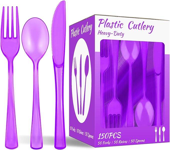 150 PCS Plastic Silverware Disposable Silverware Heavy Duty Utensil Sets 50 Of Each Forks Knives & Spoons Disposable Cutlery Set For Easter,Birthday,Baby Shower,Garden Party,Wedding(150,Purple)