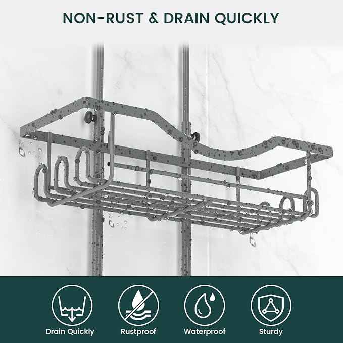 REINHARDT Adjustable Shower Caddy Hanging Rustproof Shower Organizer, Grey | Shower Caddy Over Showerhead, Extra Long, No Drilling, Anti-Slip, Fast Draining, Soap Holder, 12 Hooks, Bathroom Accessories