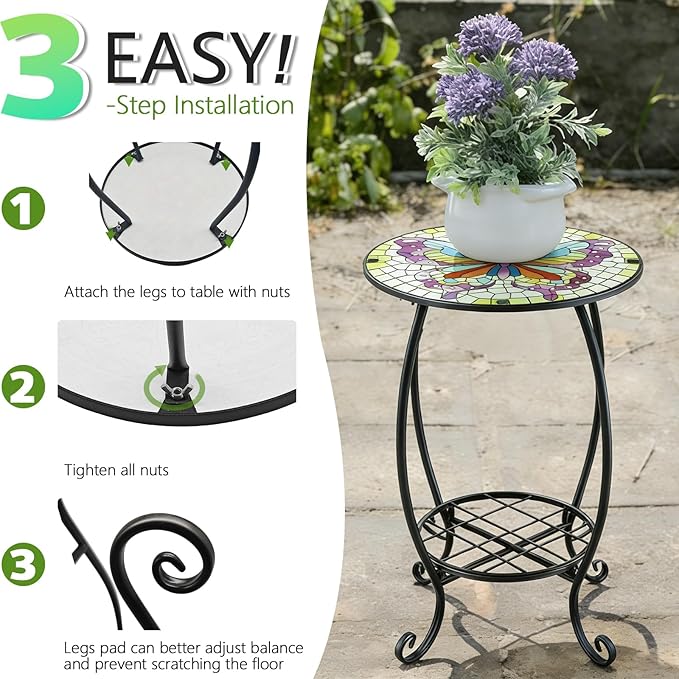 Arbuxzuy 2pcs Small Outdoor Side Table with Colorful Butterfly, Glass Mosaic Patio Table Indoor, Round Plant Coffee Table for Living Room, Balcony, Garden（Butterfly Style）