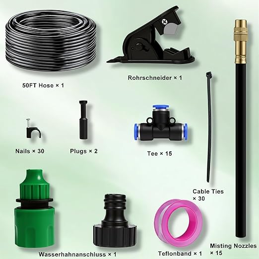 360° Adjustable Drip Irrigation System 50FT Garden Watering System with 15 Nozzles, Garden Irrigation System, Greenhouse Accessories, Greenhouse Drip Irrigation Kit for Yard, Lawn, Plants (50FT)