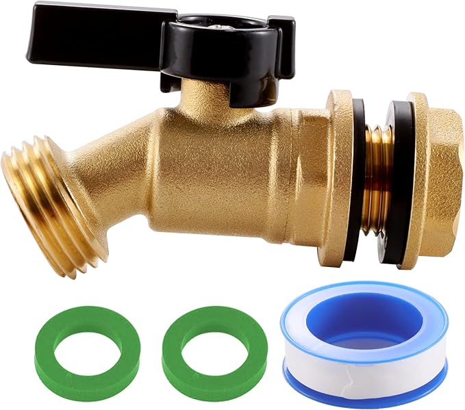 Brass Water Container Rain Barrel Spigot/Faucets， Lead-Free Compliant Spigot 1/2" Inlet to 3/4"GHT Male Thread Outlet with Quarter Turn Spigot Include Bulkhead Fitting and Washers