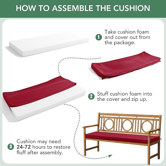 Summsun Outdoor Bench Cushion: Waterproof and Fade Resistant Patio Furniture Cushions - Non-Slip Bench Pad Cushion with Removable Cover for Garden Swing Porch Sofa Settee, 59 x 18 Inch, Burgundy