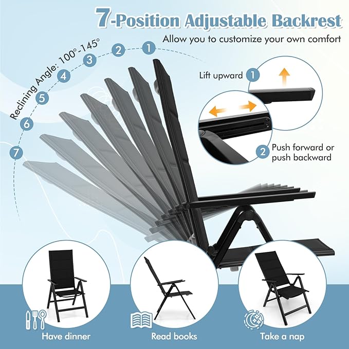 Tangkula Patio Folding Chair, Outdoor Dining Chairs with Soft Padded Seat, 7-Position Adjustable Backrest, Armrests, Portable Sling Reclining Chairs for Porch Pool Backyard Camping (1, Black)
