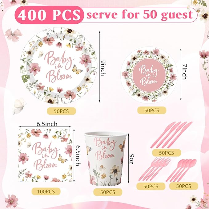 Funnymoom 400 Pcs Baby in Bloom Party Supplies for 50 Guests Pink Floral Baby Shower Paper Plates and Napkins Knives Spoon Fork Cup Disposable Wildflower Dinner Party for Spring Greenery Favor