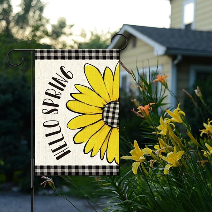 Hello Spring Flags for Outside,Buffalo Plaid Daisy Garden Flag for Yard Patio Lawn Decoration,12x18 Inch Double Sided