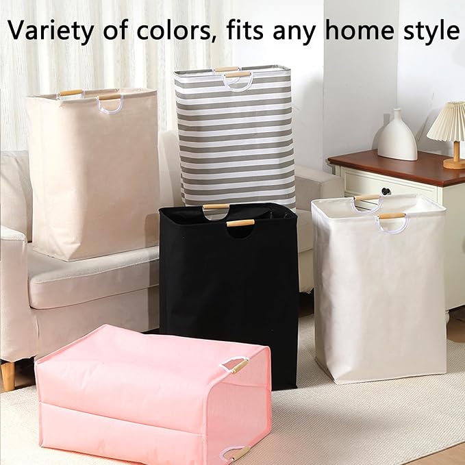 Collapsible Laundry Hamper Bag with Wooden Handles - 72L/19 Gallon Large Capacity Waterproof Oxford Cloth Storage Basket, Freestanding No Wire Frame, for Dorm Room, Bedroom, Bathroom (Max-Pink)