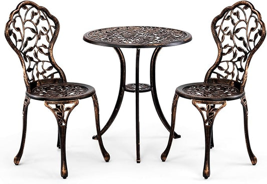 VINGLI 3 PCS Outdoor Bistro Set, Outdoor Patio Set, All-Weather Cast Aluminum Bistro Table Set, Bistro Table and Chairs Set of 2 for Backyard, Garden, Balcony (Bronze, Leaf)