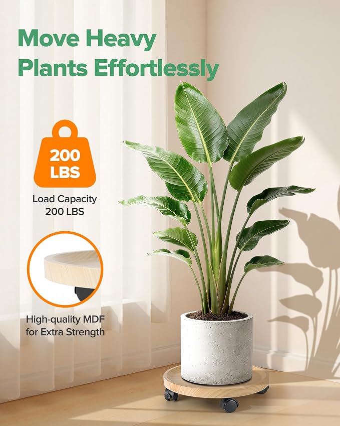 2 Pack Plant Caddy With Wheels, 14" Wood Rolling Plant Stand with 360° Lockable Wheels, Plant Stands Outdoor for Large Plants, Flower Cart Plant Dolly Plant Caster for Heavy Objects, Natural
