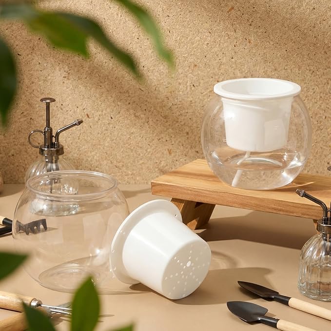 4 Pcs Self Watering Pots for Indoor Plants with Drainage Holes 6 Inch Clear African Violet Pots Pet Automatic-Watering Planter with Wick Rope for Windowsill Gardens Herb Orchid