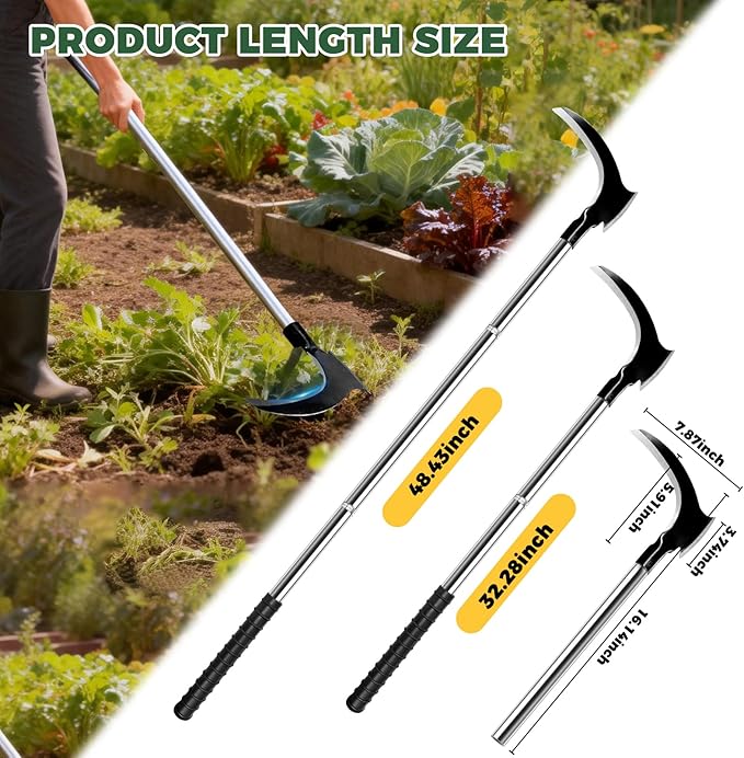 Sickle Weeding Tool-Manual Weeder Tool with Double Blade Head Heavy Duty Garden Hand Tool for Weeding Farm Harvesting Clearing Vines