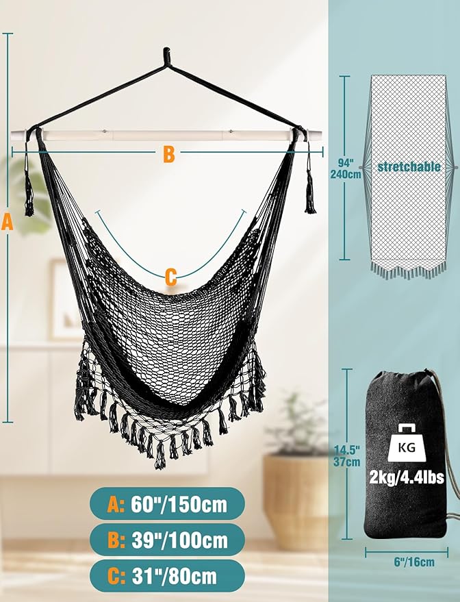 Chihee Hammock Chair Handmade Hanging Chair Cotton Rope Woven Hanging Seat Soft-Spun Large Stretch Hammock Swing, Collapsible Strong Metal Spreader Bar Elegant Macrame Comfort Indoor Outdoor Garden