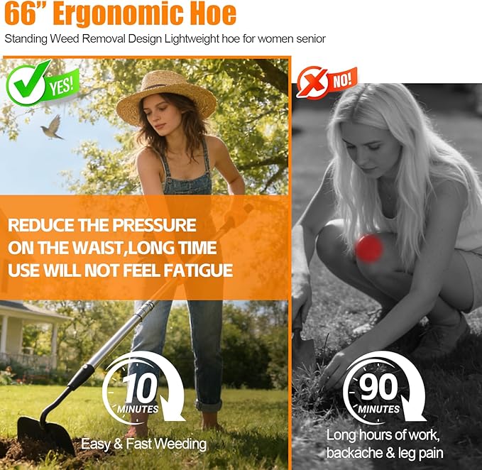 Heavy Duty Draw Hoe, 66 Inch Garden Hoe for Weeding and Tilling - Stand Up Gardening Tool for Plowing, Cultivating, Loosening Soil, Scraping Weeds - Long Handle Reduce Back Strain