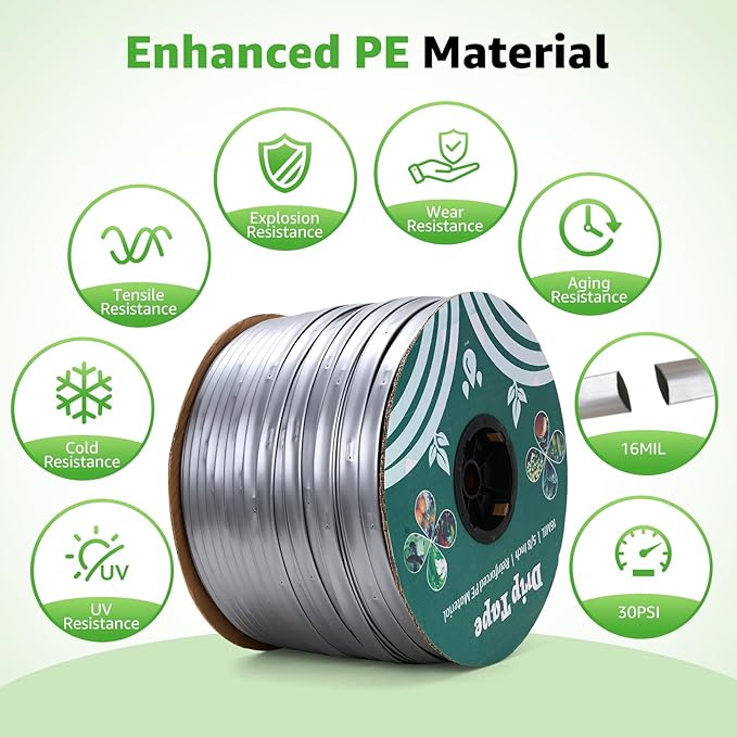 3000FT 5/8" Drip Tape Irrigation, 16 Mil Heavy Duty with 6" Emitter Spacing, Silver Reflective Drip Tape Resistant to Pecking & Biting, Heat-Safe for Seedlings, Ideal for Garden Farm Greenhouse Patio