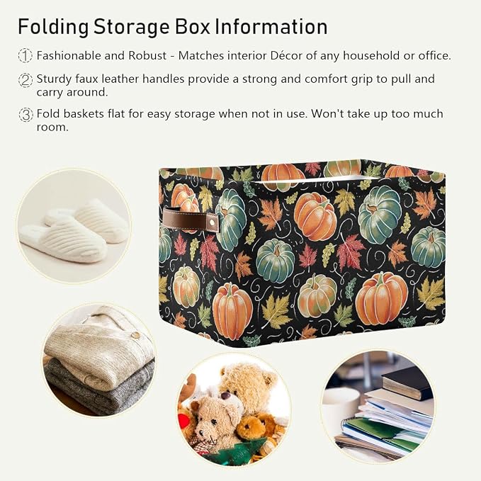 Pumpkin Black Storage Basket Fabric Kitchen Baskets Fall Maple Leaves Autumn Open Home Storage Bins Boxes Foldable Organizer Bag for Baby Cloth Pet Toy Book Shelf Closet Baskets 2 Pack 16×12×8 Inches