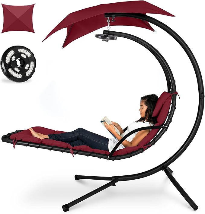 Best Choice Products Hanging LED-Lit Curved Chaise Lounge Chair Swing for Backyard, Patio, Lawn w/ 3 Light Settings, Weather-Resistant Pillow, Removable Canopy Shade, Steel Stand - Burgundy