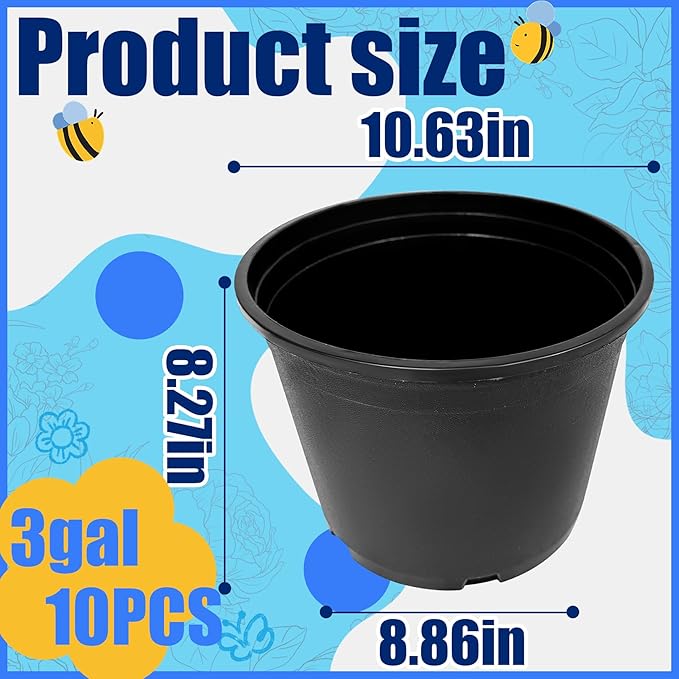 10Pcs 3 Gallon 10 inch Plant Nursery Pot Flower Seedling Injection Molded Container Plastic Garden Planter Pots with Drainage Holes Suitable for Vegetables Flowers Plants Black