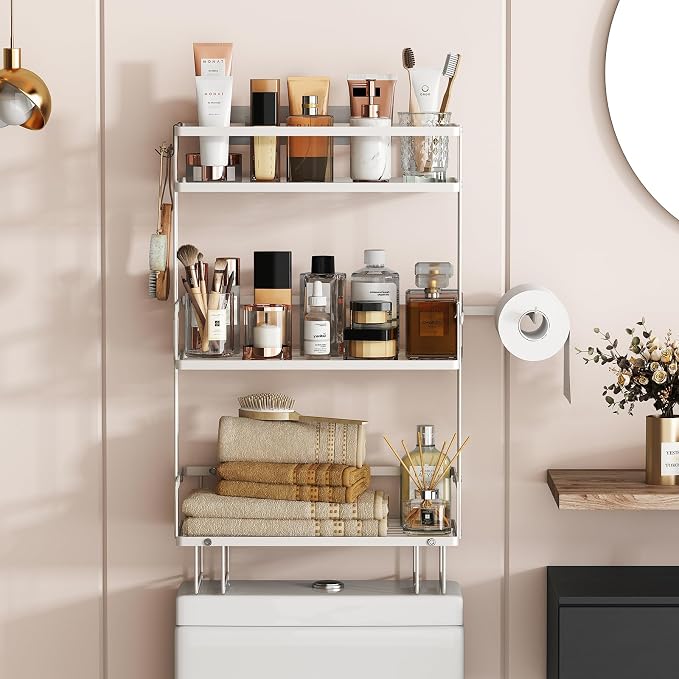 Godboat 3-Tier Over Toilet Storage Shelf, Wall-Mount with 2 Hook/Paper Rack