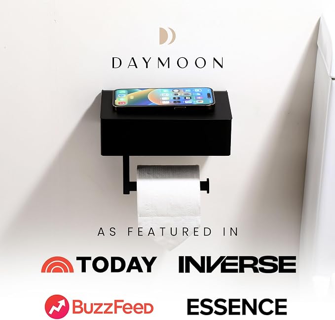 Day Moon™ Matte Black Toilet Paper Holder with Shelf & Wipe Storage, Bathroom Roll Holder with Built-in Wipe & Tampon Holder, Wall Mounted Flushable Wipe Dispenser