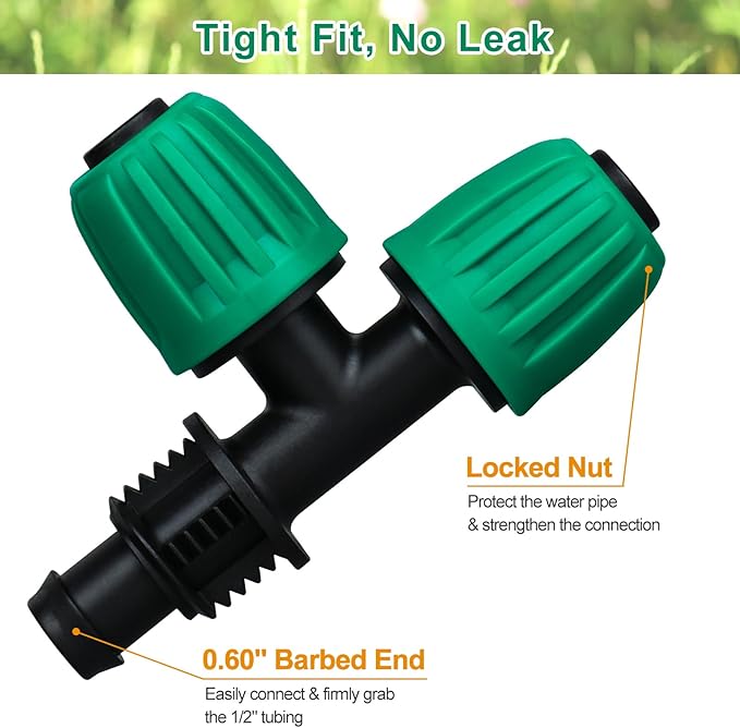 JAYEE 1/2 Inch Drip Irrigation Fittings, 12 Pcs Lock Barbed Tee for 1/2 In Vinyl Tubing, Drip Line Parts 3-Way Tees Irrigation Connectors for Drip Sprinkler Garden Lawn Watering Systems, Green