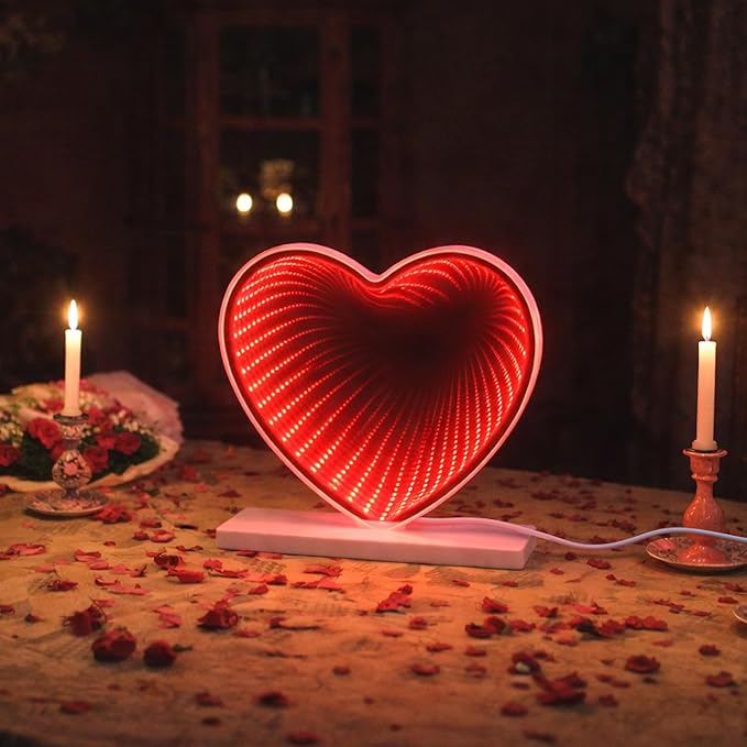 Heart Sign Infinity Light, 3D LED Infinity Mirror Night Light, USB-Powered, Romantic Decor for Bedroom, Living Room, Womens’s Day Gift, Birthday Day Gift, Mother's Day, 7.9×7.9 Inches