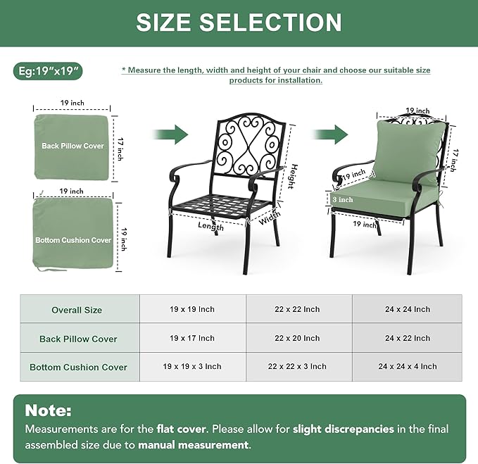 Summsun Waterproof Outdoor Patio Cushions with Removable Cover, Fade Resistant Back Pillow and Seat Cushion Set for Yard Porch Garden, 19 x 19 Inch, Sage Green, Set of 4