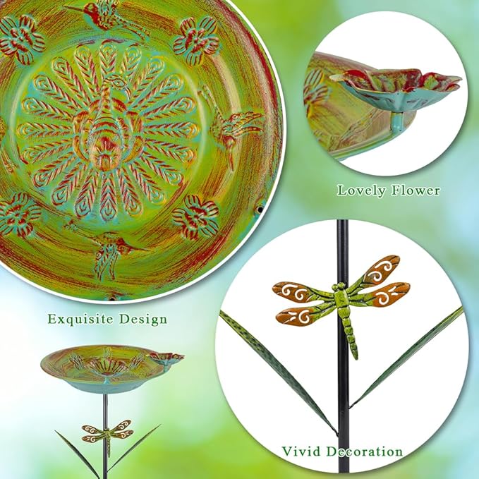 DREAMSOUL 39" Tall Teal Bird Bath Stake with Dragonfly Stake, 12" Dia Birdbath with Lotus Feeders, Metal Bird Bath for Outside for Garden Yard Patio