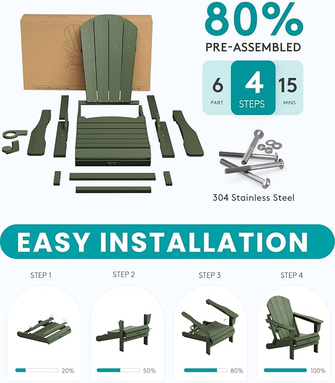 SERWALL Foldable Adirondack Chair with Cup Holder Set of 2 for Patio Garden Outdoors Fire Pit Chairs-Avocadogreen