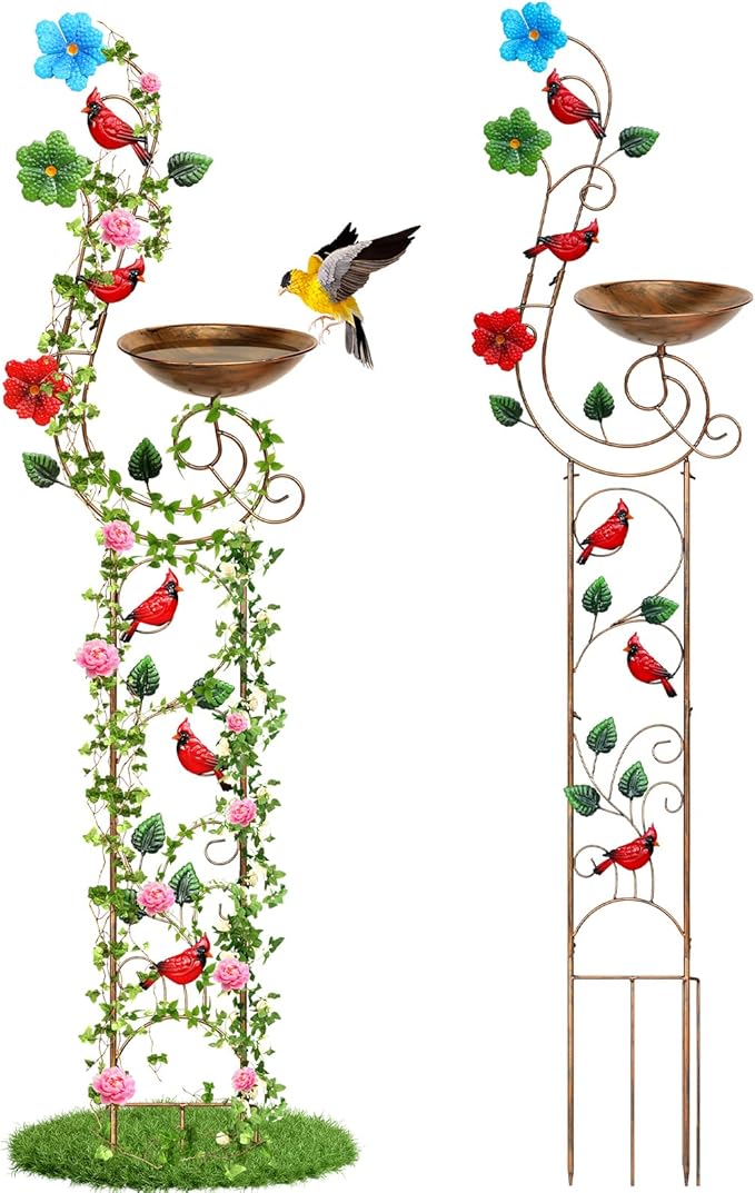 YADOOLIFE 57” Bird Bath with Garden Trellis for Climbing Plants Outdoor, Small Decorative Trellises Metal Birdbath Bird Baths, 1 Piece (Redbird)