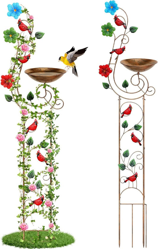 YADOOLIFE 57” Bird Bath with Garden Trellis for Climbing Plants Outdoor, Small Decorative Trellises Metal Birdbath Bird Baths, 1 Piece (Redbird)