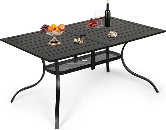 Patio Dining Table, 60" x 37"Outdoor Rectangular Metal Table,1.57" Umbrella Hole, for Backyards, Porches, Gardens or Poolside, Black